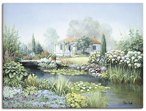 ARTLAND Leinwandbilder Wandbild Bild auf Leinwand 80x60 cm Wanddeko Natur Landschaft Garten Teich Blumen Pflanzen Malerei Kunst L0ZS