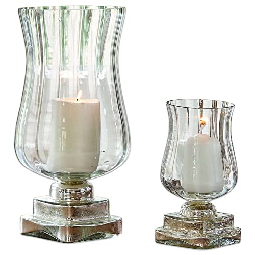 LOBERON Windlicht 2er Set Lumio, zwei Größen, Pokalform, Mundgeblasen, mit Rillenstruktur, für Teelichter oder Stumpenkerzen, Kerzenhalter, Dekoration, Glas, klar/Silber