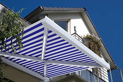 HOME DELUXE - LED Vollkassettenmarkise ELOS - Marineblau-Weiß, 500 x 300 cm - inkl. Wind- und Sonnensensor, Fernbedienung, Handkurbel, Montagematerial I Terrassenüberdachung Sonnenschutz Windschutz