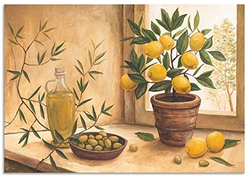 ARTLAND Wandbild Alu Verbundplatte für Innen & Outdoor Bild 100x70 cm Stillleben Toskana Mediterran Oliven Zitrone Essen Lebensmittel Malerei T4HV