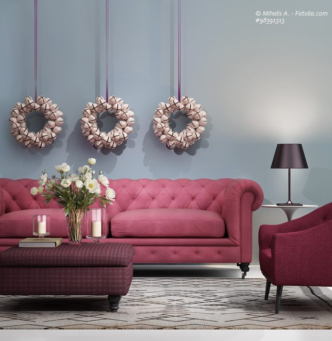 Sofa in Rosa mit Sessel in Pink - Ottomane Lila