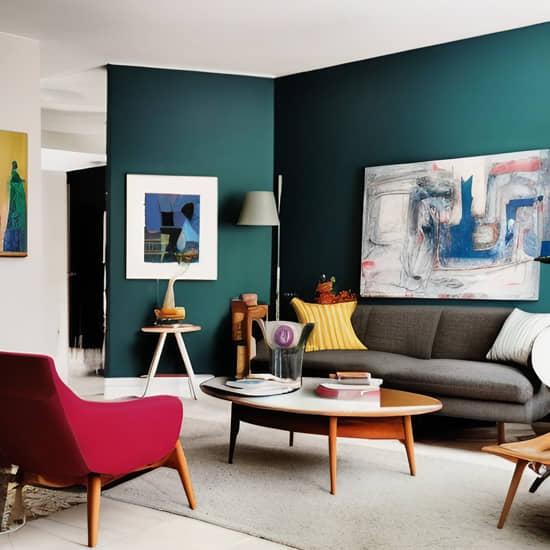 Mid Century Modern Wohnzimmer mit rost und blau-gruen Akzente