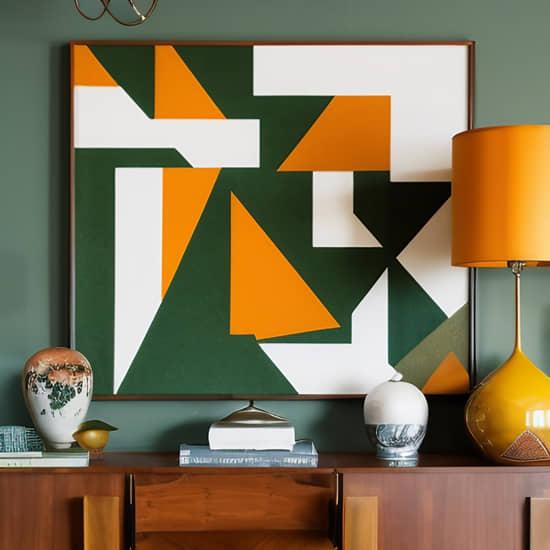 modernes Wohnzimmer Farbpalette aus der Mitte des Jahrhunderts dunkel Grün Orange Braun