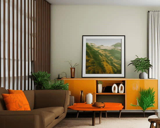 modernes Wohnzimmer Mid Century dunklem Grün Orange Braun